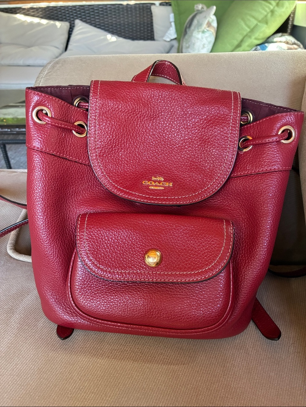 COACH Red Pebbled Leather Drawstring Backpack (Mini)